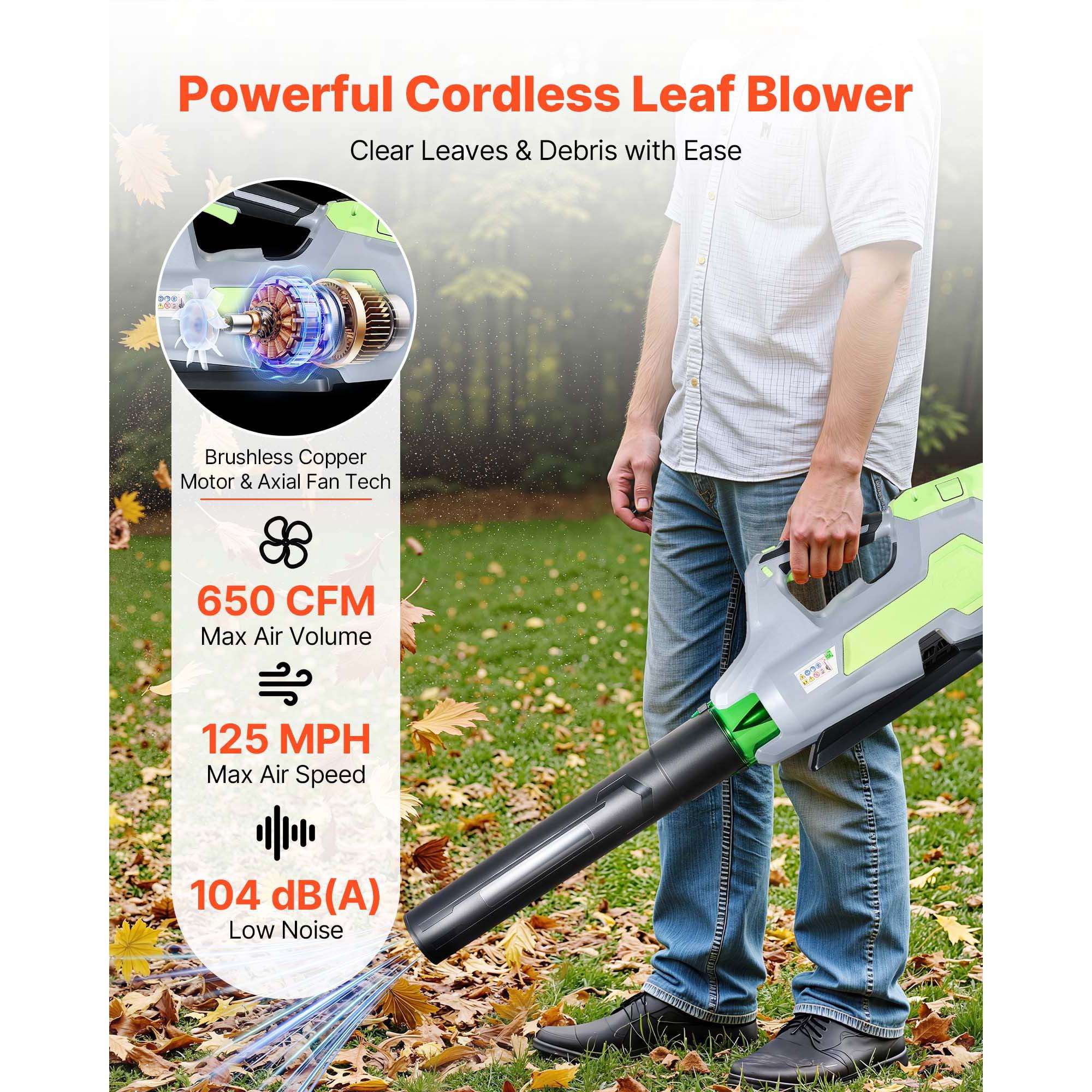KFFKFF Cordless Leaf Blower, 60V Electric Leaf Blower with 5.0Ah Battery, Quick Charging, Low Noise, 3-Speed Settings, 650 CFM/125 MPH Lightweight Design for Leaves and Lawn Maintenance