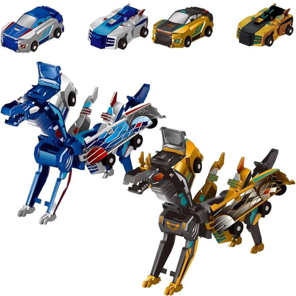 BESTSKY 2In1 Transforming Dinosaur Toys, Transformation 4 Pack Car Toy with Collision Transforming Car for Girls Age 4-6 | Party Gift for Birthday, Christmas (Blue & Gold Dragon)