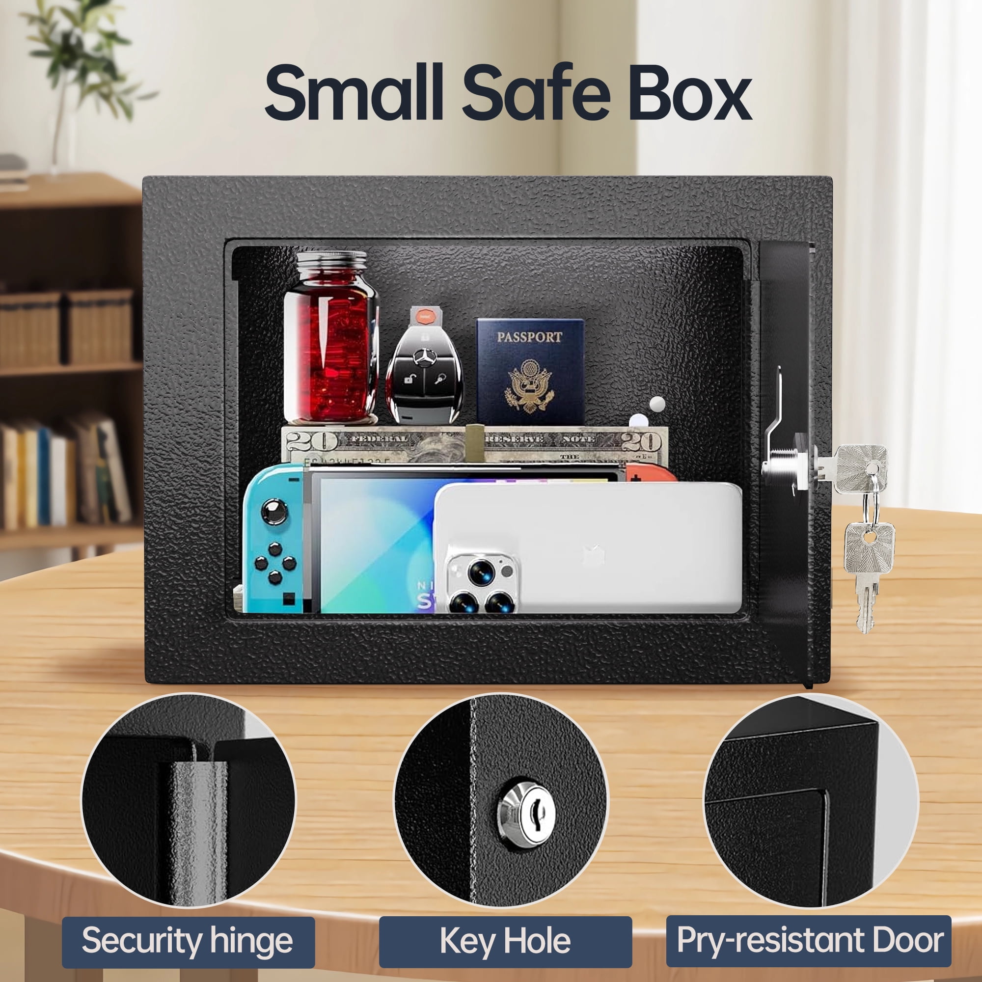 Small Safe, 0.25 Cubic Lock Box for Keys with Code, Steel Safe with Key, Mini Safes for Money, Jewelry, Wall Safes for Home, Hotel or Businessfor Cash Jewelry