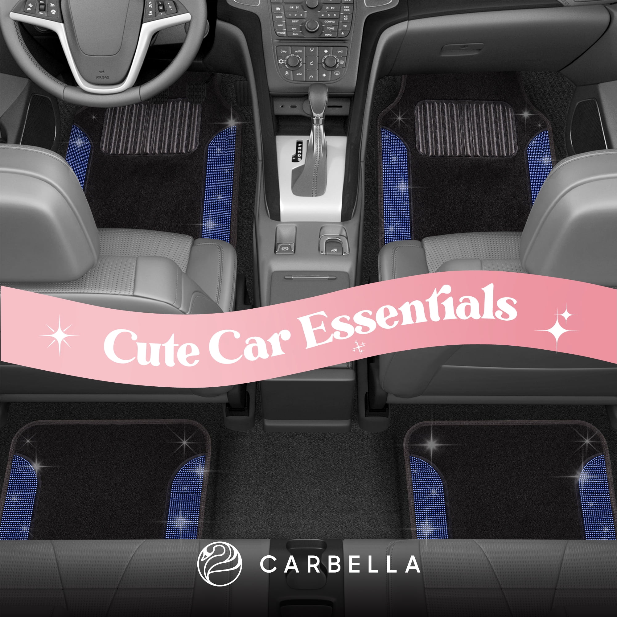 Carbella Diamond Bling Car Mats 4-Piece Set, Shiny Rhinestone Crystal Carpet Car Floor Mats, Two-Tone Floor Mats for Cars, Cute Automotive Interior Car Accessories for Women (Blue)