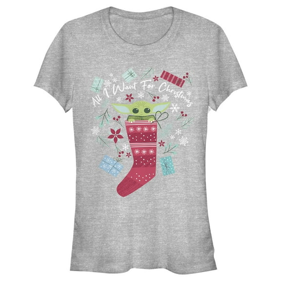 Junior's Star Wars: The Mandalorian Christmas The Child Stocking Stuffer Graphic Tee Athletic Heather Medium