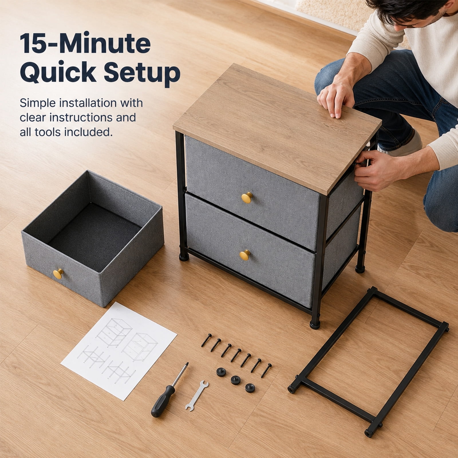 Alvantor Nightstand with 2 Storage Drawers, Small Bedside Table, Small Dresser with Sturdy Wooden Top for Daily Essentials, Compact Nightstand for Bedroom and Small Spaces