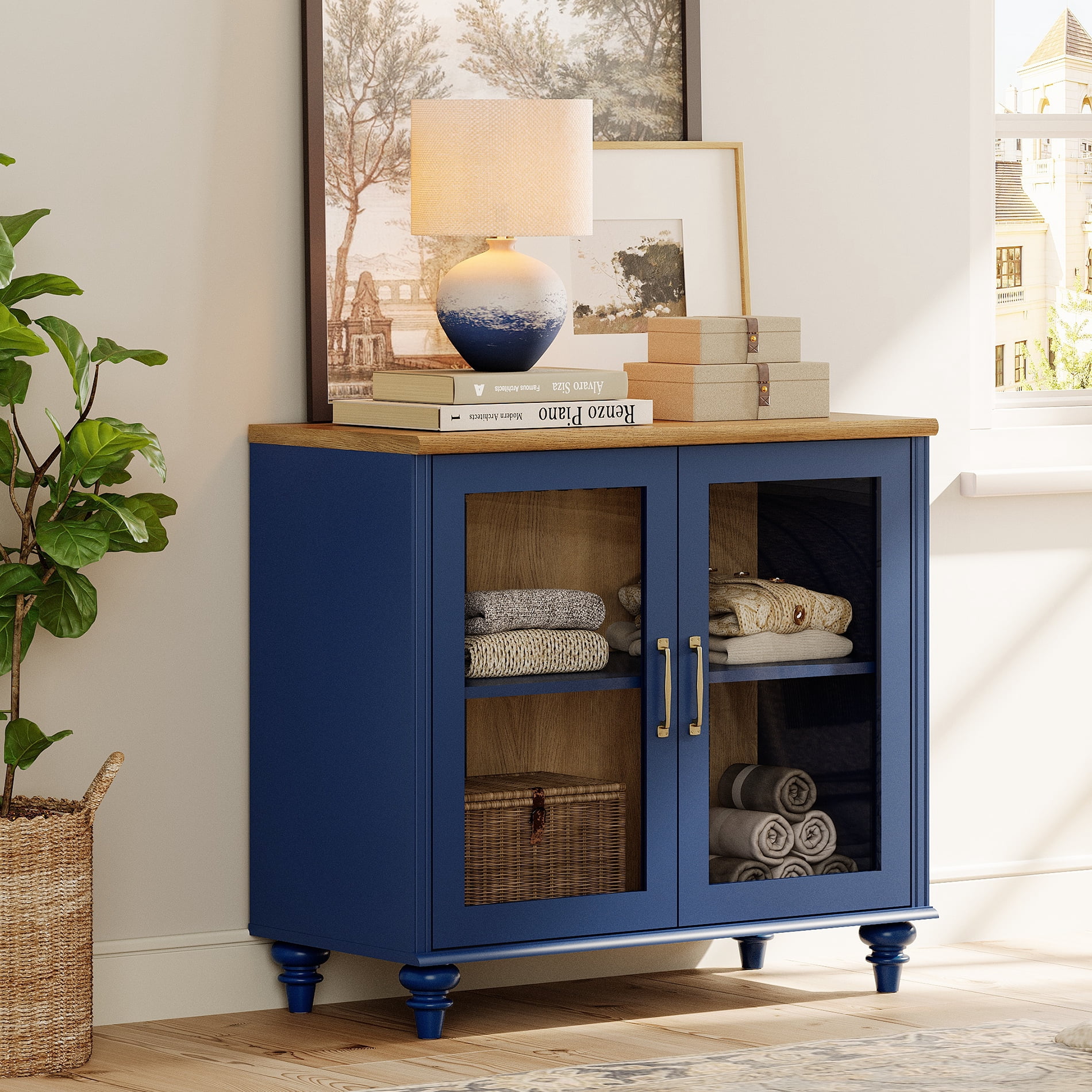 34" Buffet Cabinet with 2 Glass Doors, Kitchen Storage Cabinets, Wood Coffee Bar Table with Adjustable Shelf, Sideboard Credenza for Dining Room, Navy Blue