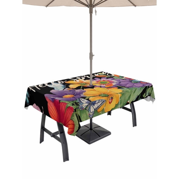Outdoor Tablecloth with Umbrella Hole for Patio/Picnic/Party/Camping, Spring Flowers Waterproof Table Cloth Rectangle Table Cover Washable, Watercolor Country Colorful Floral Black (52"x 70")