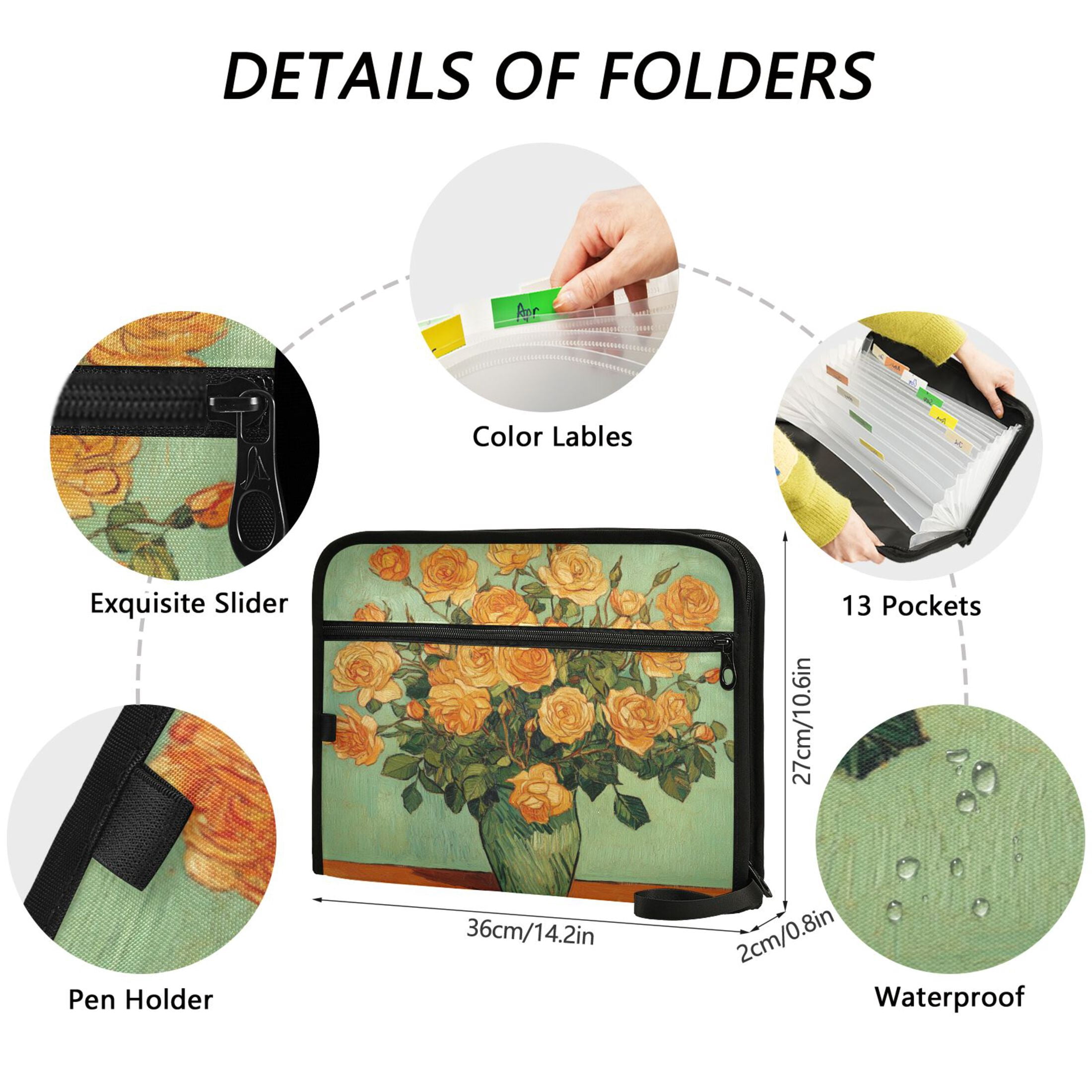 WOBOGO Oil Painting Patterns for Yellow Rose Pots Expanding File Folder Letter Size Accordion Filing Organizer 13 Pocket Separate Organ Pocket