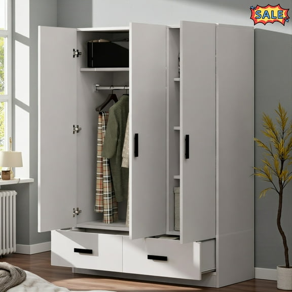 Tcbosik 3-Door Wardrobe with 2 Drawers, Wooden Closet Armoire with Hanging Rod and Storage Shelves, 67"H Freestanding Cabinet for Bedroom, White