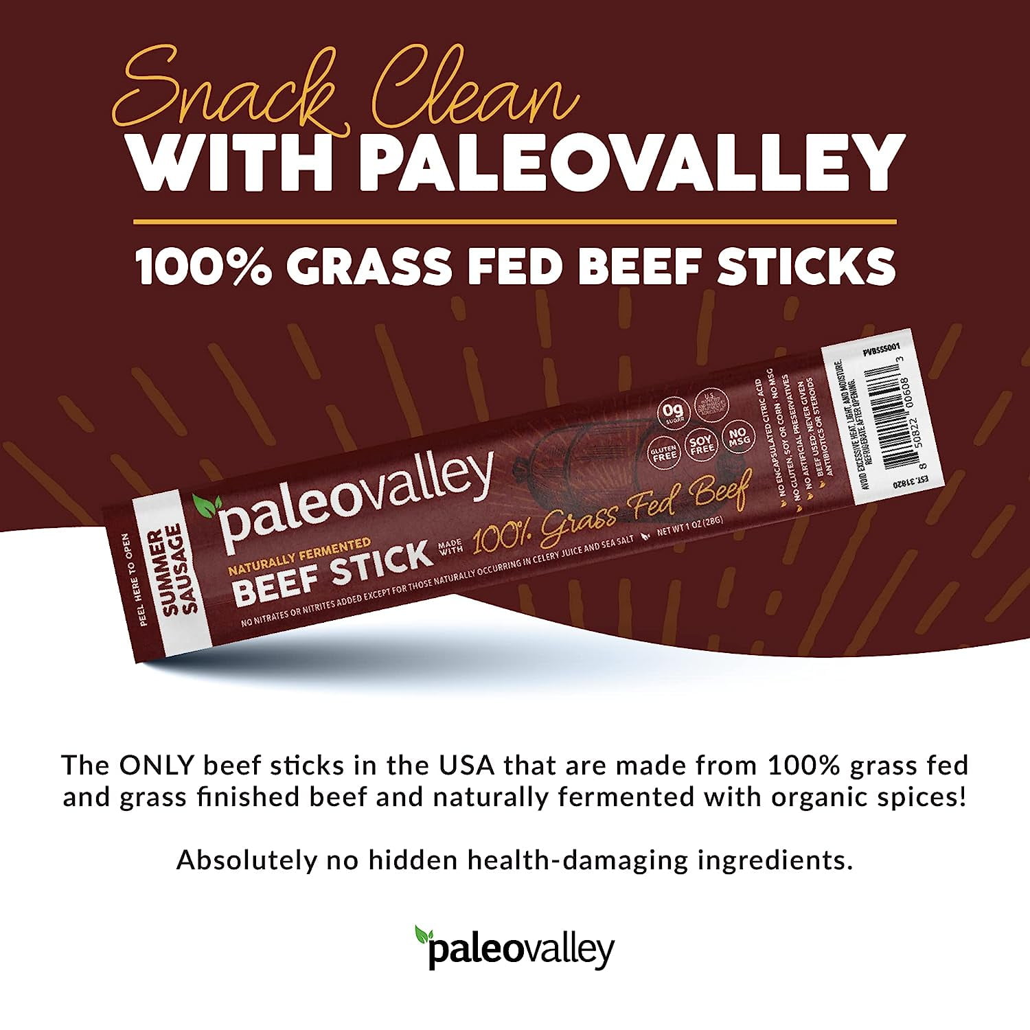 Paleovalley 100% Grass Fed Summer Sausage Beef Sticks - Delicious Gluten Free Beef Snack - High Protein Keto Friendly