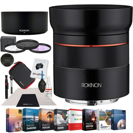 Rokinon 45mm F1.8 AF FE UMC Compact Full Frame Lens for Sony E-Mount IO45AF-E Premium Accessory Set with Multicoated Filter Kit + Photo Video Editing Software Suite