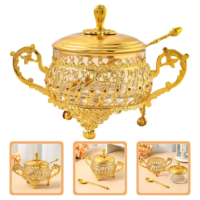 Luxshiny 1 Set Sugar Jar With Lid And Spoon Glass Storage Jar Golden Hue For Home And Dining Room Use