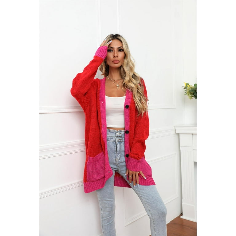 Women's Button Knitted Cardigan Red Paneled V-Neck Knit Sweater Jacket with 2 Pockets Red XL