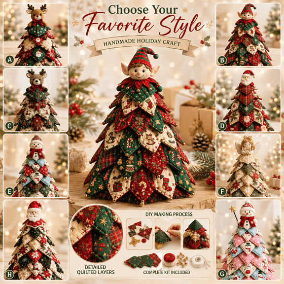 Christmas DIY Quilted Fabric Tree Craft Kit, Beginner Friendly Holiday Patchwork Sewing Set, 3D Handmade Tabletop Decoration for Home, Office and Gift Giving