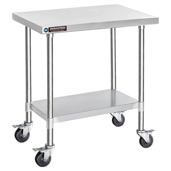 DuraSteel 30x36 Inch Stainless Steel Table - Metal Table Cart with Adjustable Shelf - NSF Certified Work Table with Wheels - Cooking & Laundry Prep Table for Kitchen, Restaurant, Home, Commercial Use