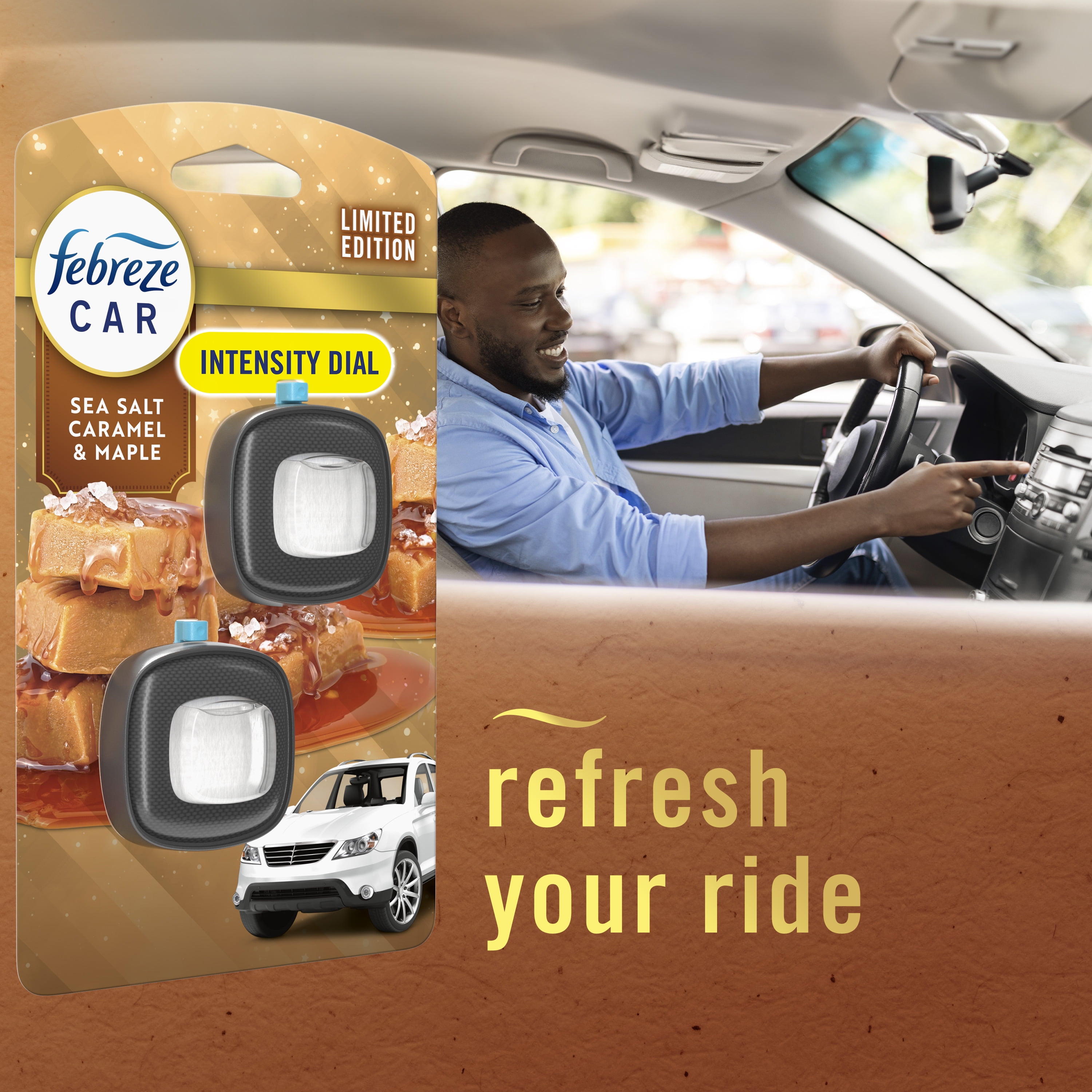 (4 pack) Febreze Car Air Freshener, Odor-Fighting Car Vent Clip, Sea Salt Caramel & Maple, 2 Count
