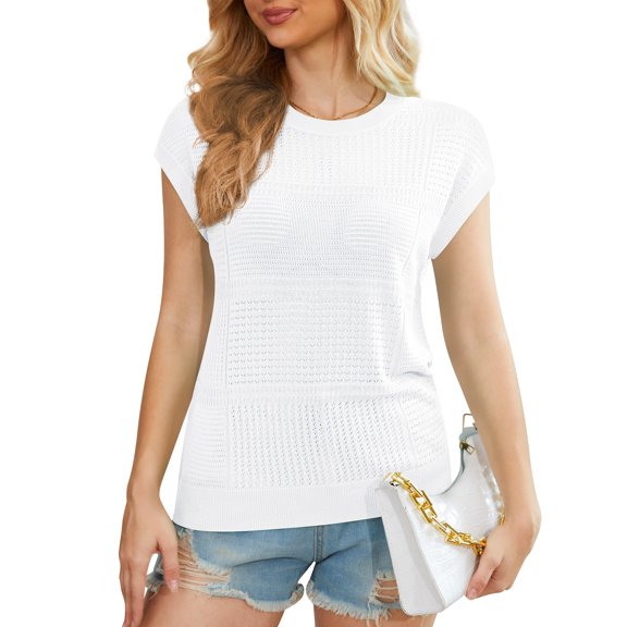 Uvplove 2025 Womens Cap Sleeve Top Hollow Out Knit Short Tee Shirts Tunic Pure White-L