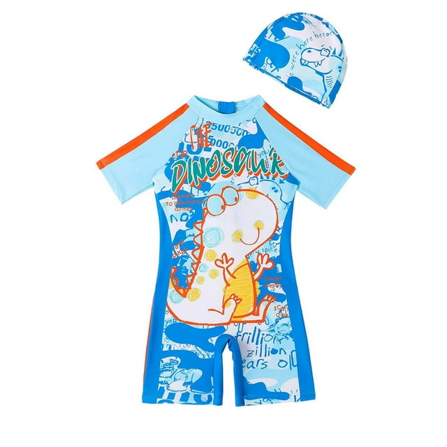 Sunnyoo Toddler Boys Swimsuits Cartoon Dinosaur Print Short Sleeve Rash Guard Swim Shorts, Sizes 3-8