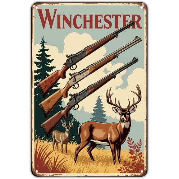 Winchester Rifle and Deer Hunting Scene tin sign Vintage Hunting and Wildlife Metal Sign Print Aesthetic for Garden Yard Bar Porch Home Bedroom Kitchen Wall Decor Decor Gift 8 x 12 inch