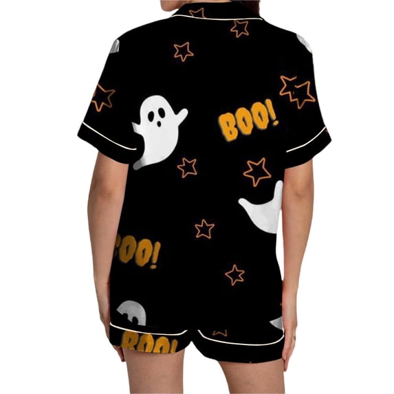 Halloween Pajamas Halloween Satin Print Button Short Sleeve Pajamas for Women Set