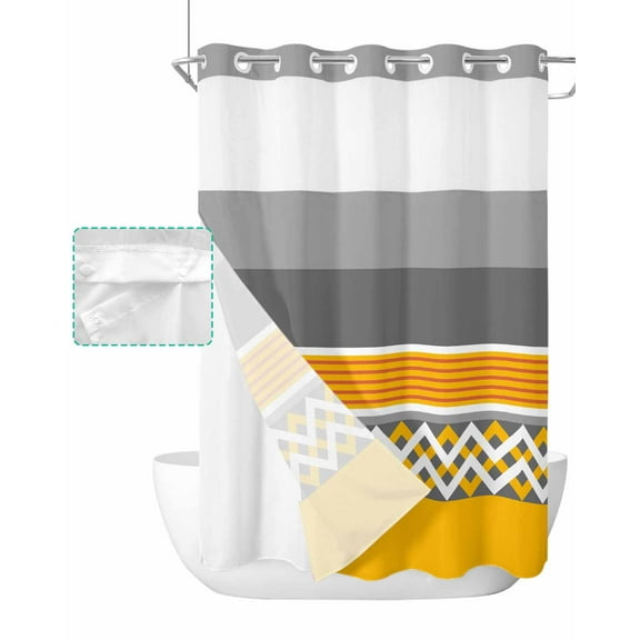 No Hook Shower Curtain with Snap in Liner, Geometric Yellow and Grey Patchwork Stripes Hotel Shower Curtains for Bathroom, Washable Shower Curtain Liner Set with Mesh Top Window, 48"x72"