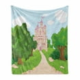 thumbnail image 1 of Fairy Tale Soft Flannel Fleece Blanket, Castle from Middle Ages with Pink Toned Flags and Thriving Spring Forest Cartoon, Cozy Plush for Indoor and Outdoor Use, 60" x 80", Multicolor, by Ambesonne, 1 of 6