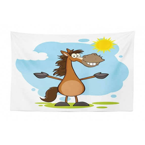 Western Horse Tapestry, Country Themed Clipart Illustration Cowboy Riding in Desert Wild West, Fabric Wall Hanging Decor for Bedroom Living Room Dorm, 2 Sizes, Multicolor, by Ambesonne