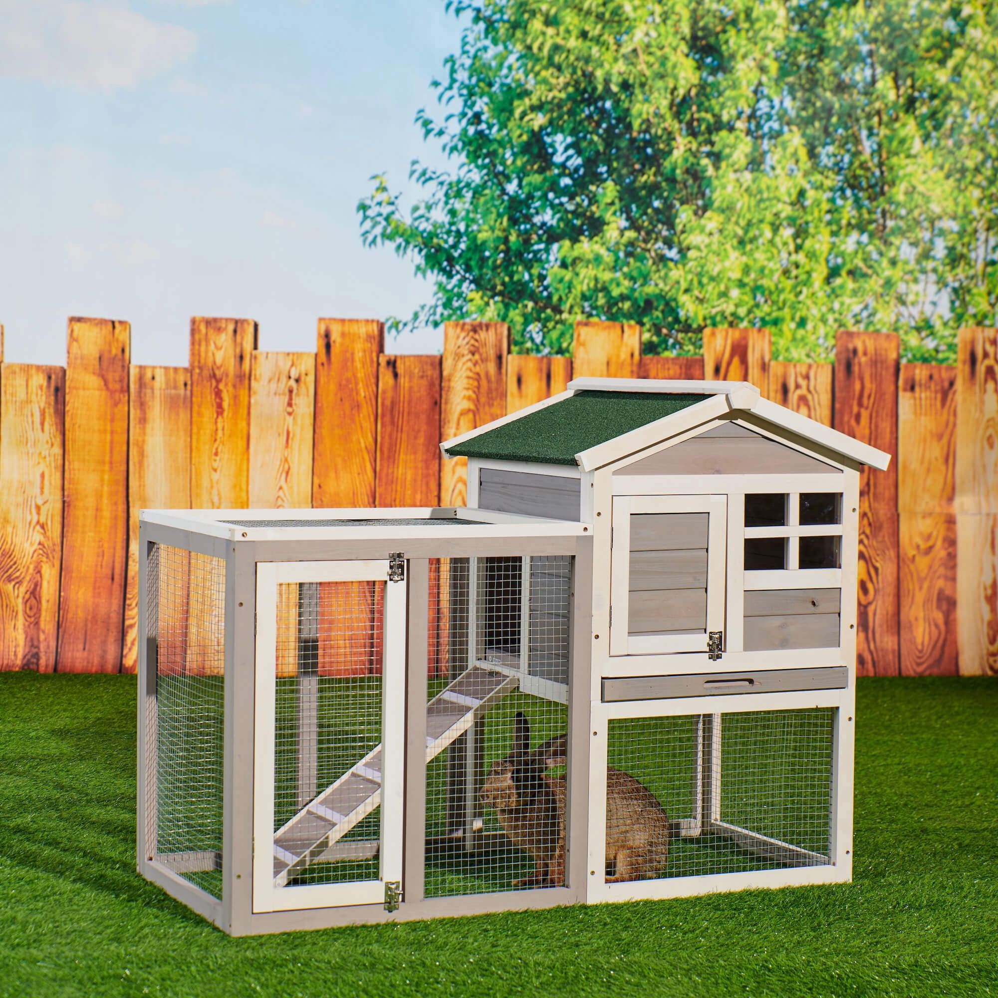 Private Jungle Indoor Outdoor Wood-metal Rabbit Hutch with Run Space, Bunny Run Cage Pet House for Small Animals, 48" X 24.6" X 36.22", Gray Private Jungle Indoor Outdoor Wood-metal Rabbit Hutch with Run Space, Bunny Run Cage Pet House for Small Animals, 48" X 24.6" X 36.22", Gray