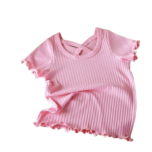 Plebaso Top for Kids Short Sleeve Round Neck Ruffled Ice Silk T-shirt for Girls Baby Summer Clothes