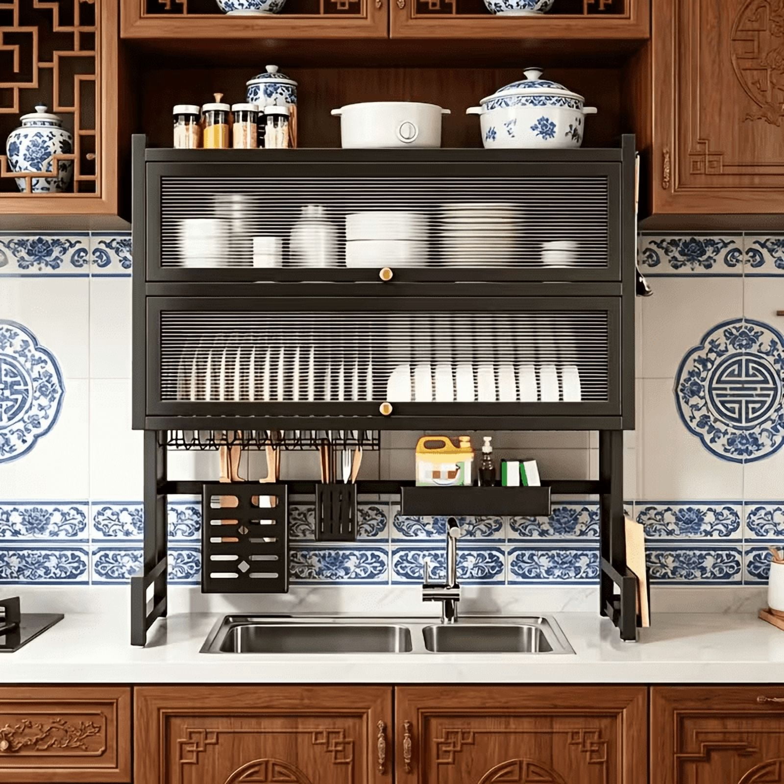 33" Double-Tier Kitchen Sink Shelving Unit with Doors, Dust-Proof Drainage Rack, Multifunctional Storage Cabinet for Dishes, Black