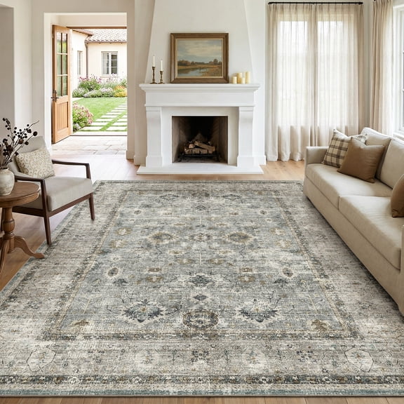 SIXHOME Rugs for Living Room Washable 5x7 Area Rugs Oriental Carpet Traditional Bedroom Dining Room Throw Rug Non Slip Vintage Foldable Distressed Print Neutral Indoor Rug Green