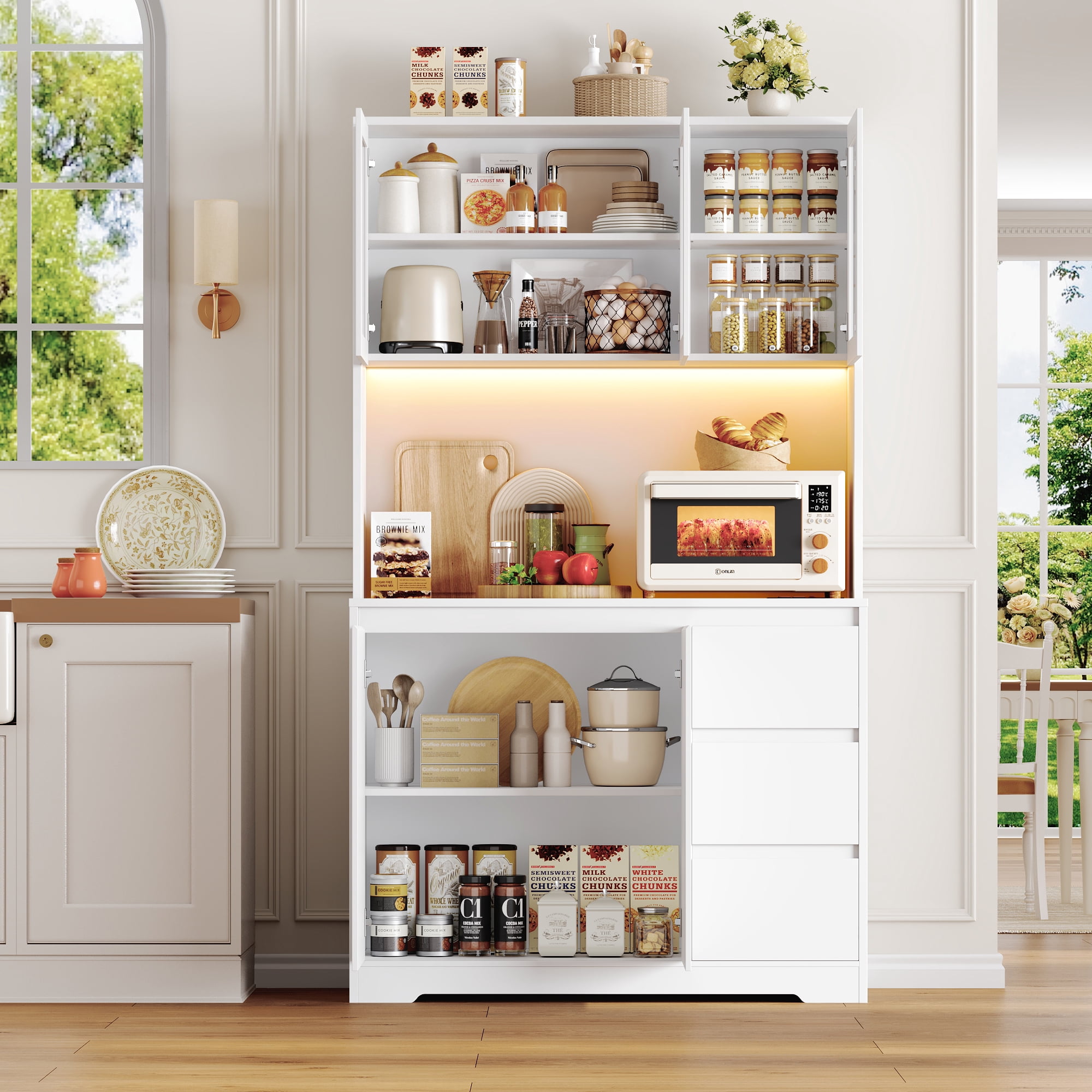 Homfa 70.9'' Kitchen Pantry Cabinet with Charging Station and LED Light, 3 Drawers Buffet Storage Cabinet with Glass Doors and Adjustable Shelves, White