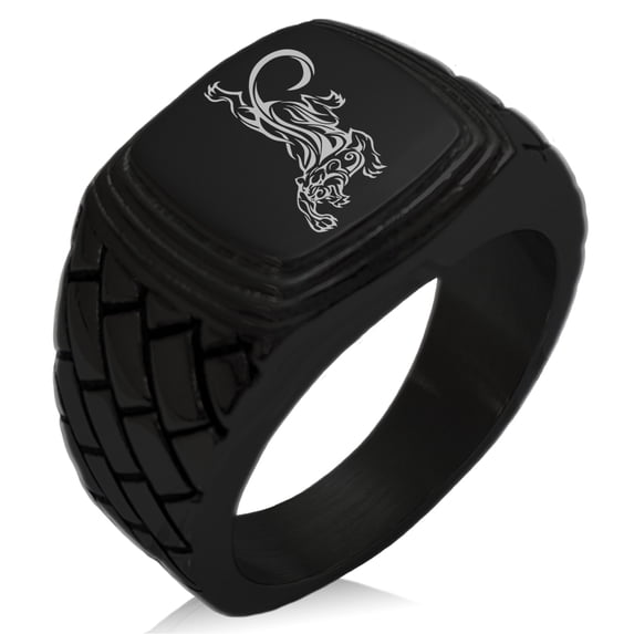 Stainless Steel Striking Tiger Geometric Pattern Step-Down Biker Style Polished Ring