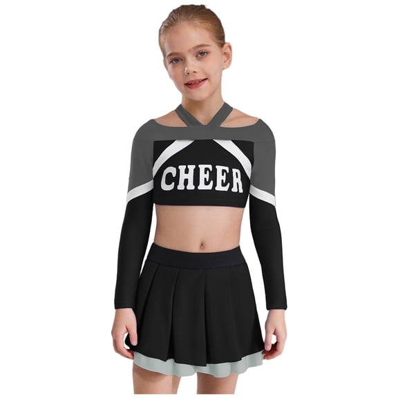 Sholeno Kids Girls Cheer Leader Uniform Cheerleading Outfit Long Sleeve Crop Top Pleated Skirt for Party Black 8