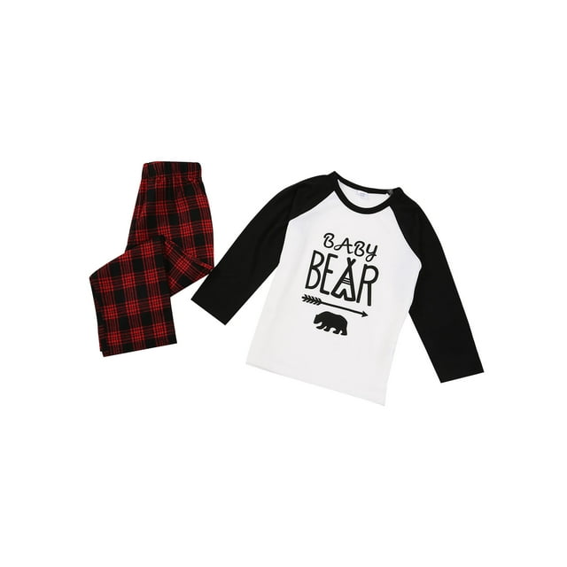 Ensemble de Pyjamas de Noël Famille Parent-Enfant Motif Ours Col Rond Manches Longues Hauts + Pantalons à Carreaux Tenues