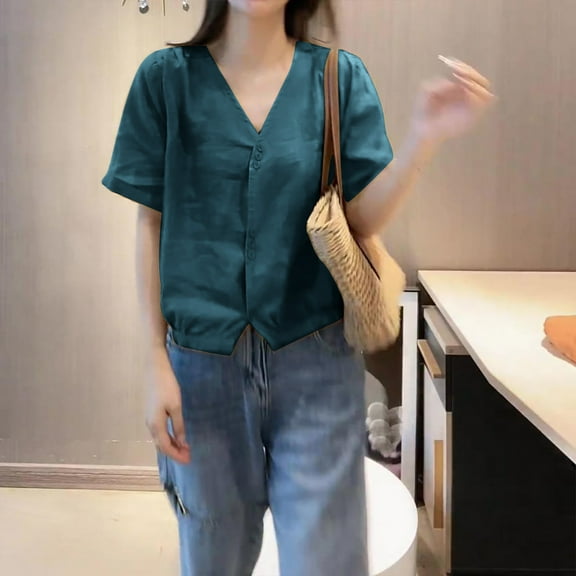 Ayolanni V-Neck Womens Clothes Clearance Sale Prime Green Short Sleeve Cotton Linen Solid Button-Up Shirts Teens Shirts