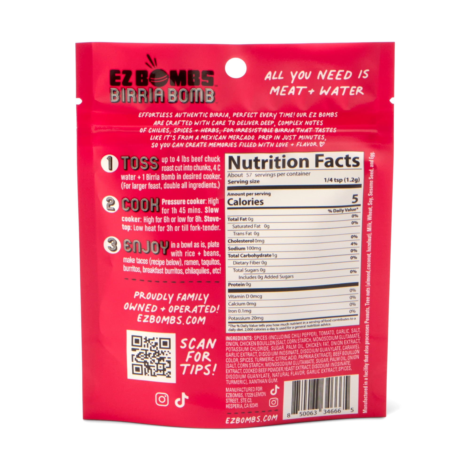 EZ Bombs Birria Bomb Seasoning, 1 Pack – Authentic Mexican Spice Mix for Tacos, Burritos, Nachos, and Quesadillas – Made with Real Chiles, Herbs, and Spices