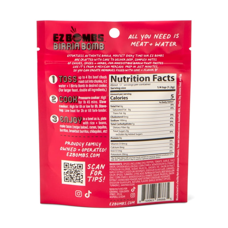 EZ Bombs Birria Bomb Seasoning, Single Bomb Pack – Authentic Mexican Spice Mix for Tacos, Burritos, Nachos, and Quesadillas – Made with Real Chiles, Herbs, and Spices for Quick and Flavorful Meals