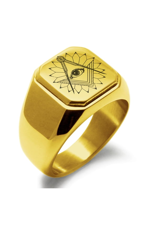 Stainless Steel Freemasons Masonic Lotus All Seeing Eye Engraved Square Flat Top Biker Style Polished Signet Ring