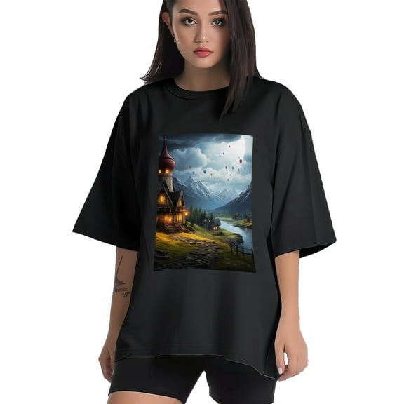 Plus Size Shirt for Women Black Tops for Women Short Sleeves Shirt for Women Fairy Castle T Shirt Crewneck Shirt for Women XS