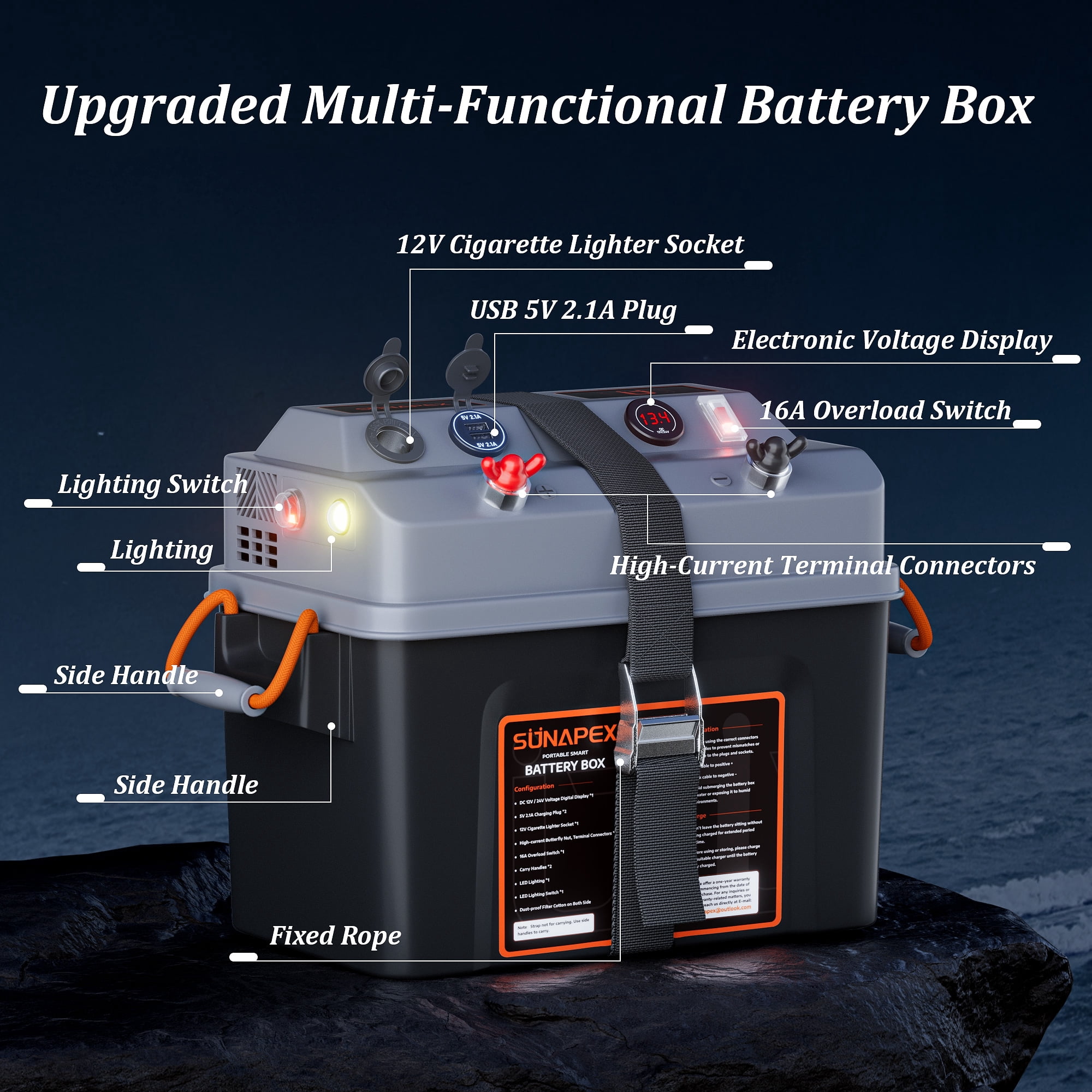 SUNAPEX Smart Battery Box 12V/24V Power Center - Multi Ports & Circuit Breaker for Trolling Motor, Marine,RV & Solar Panel (Battery Not Included)