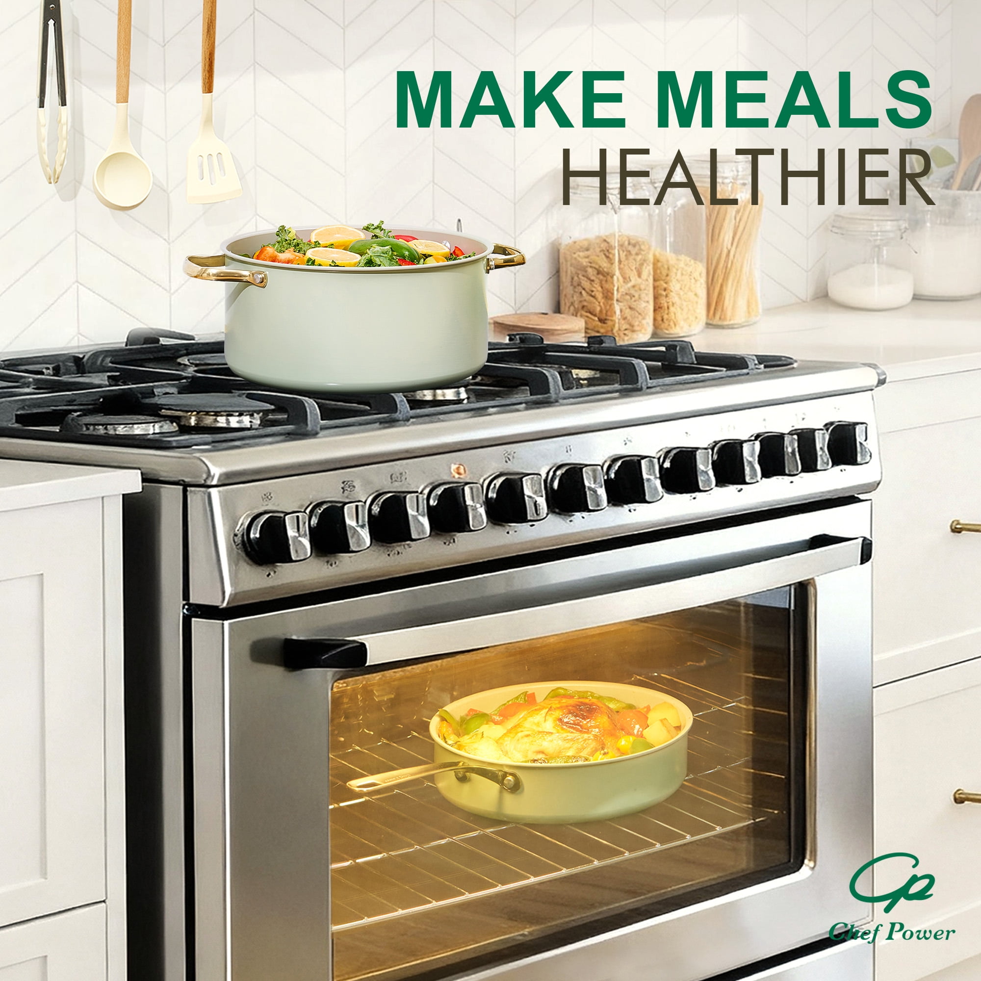 Chef Power 7 Pcs Ceramic Cookware Sets, Non-Stick Pots and Pans Set with Stainless Steel Handles, Dishwasher and Oven Safe, Sage Green with Light Gold Handles