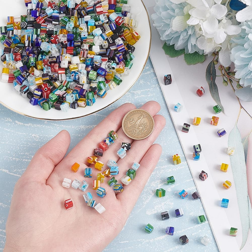 650pcs 6mm Assorted Lampwork Glass Beads Cube Millefiori Beads for Jewelry Making
