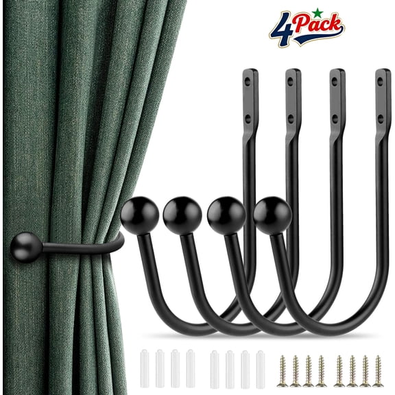 Curtain Holdbacks, YMWVH 4 pcs Curtains Holder Wall Mounted Drapery Tiebacks Retro Window Hook for Home Decor, Matte Black