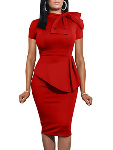 LAGSHIAN Women Fashion Peplum Bodycon Short Sleeve Bow Club Ruffle Pencil  Office Party Dress Red - Walmart.com