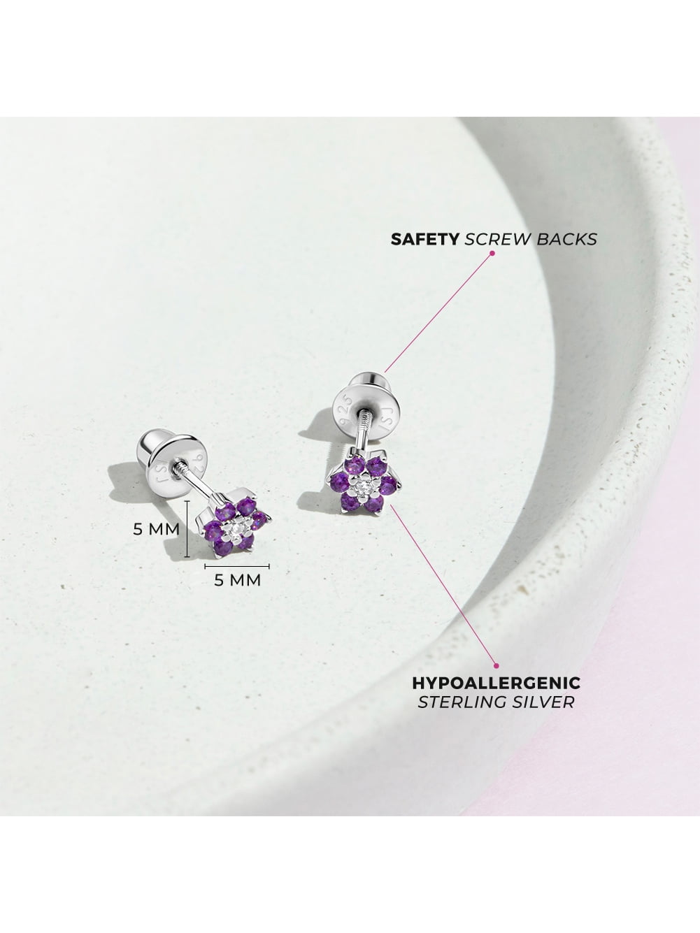 925 Sterling Silver 5mm Purple CZ Flower Screw Back Earrings Babies Toddlers