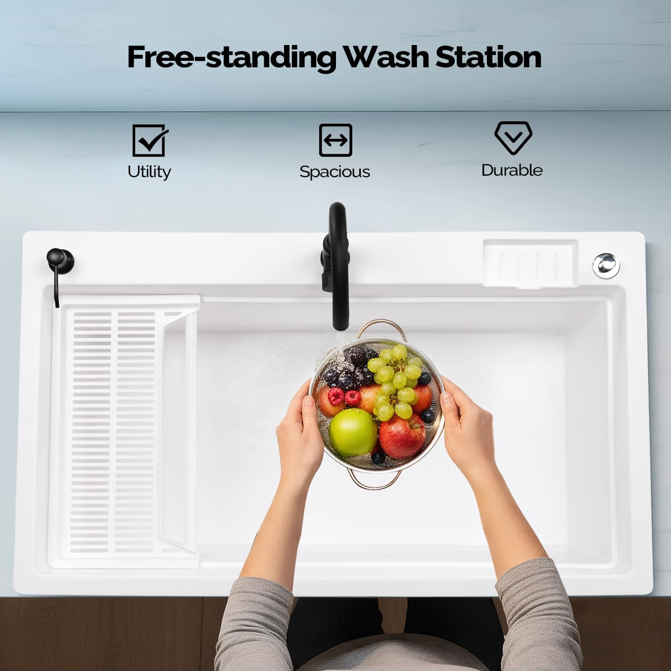 Ktaxon 27 Gallon Plastic Utility Sink with Hot/Cold Faucet, 36" Freestanding Laundry Tub with Iron Legs, Storage Shelf, Drain Board, Soap Dispenser and Pop-up Button for Bathroom, Laundry Room, White