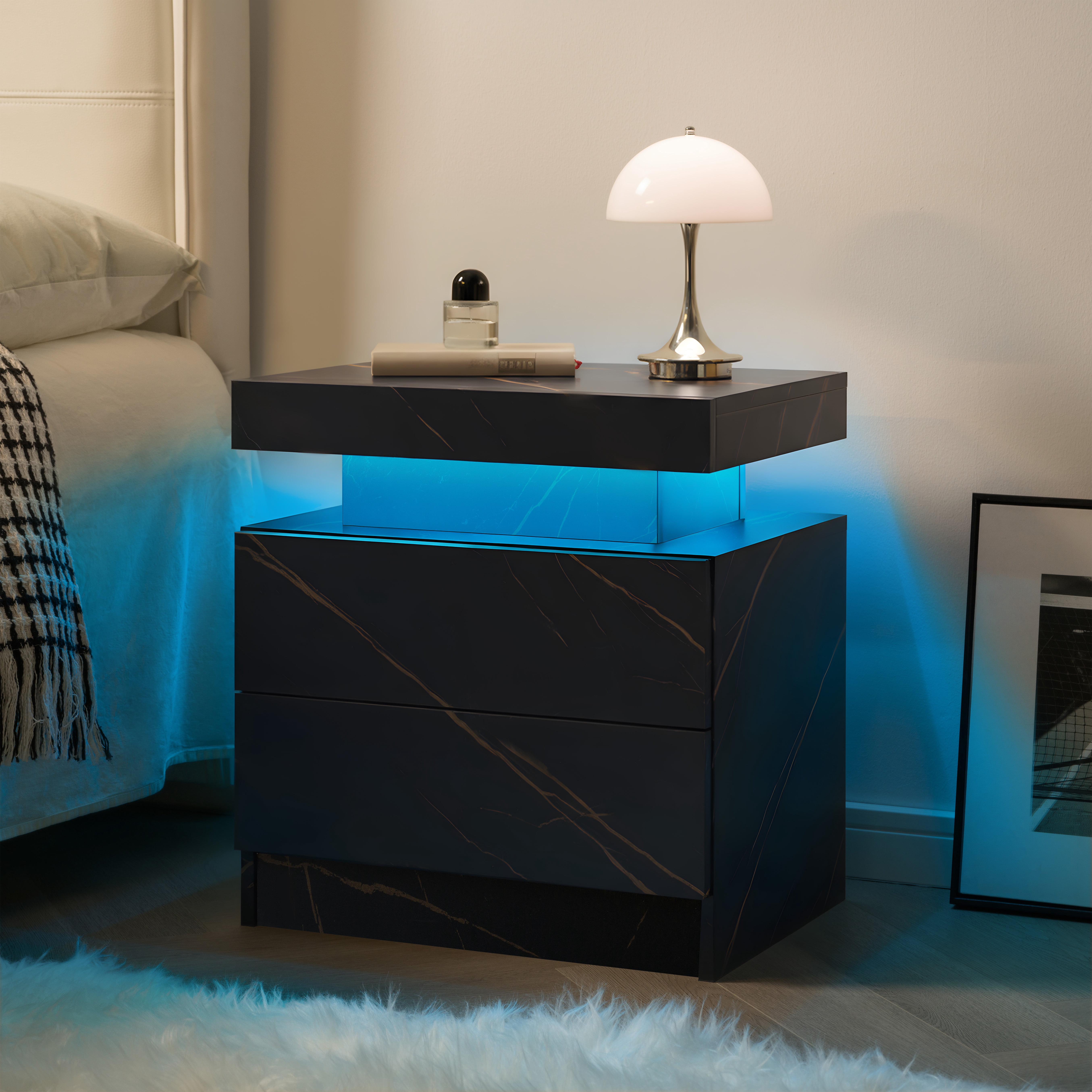 Leumius 2 Drawer Modern Nightstand with LED Light Small Bedside Tables End Side for Bedroom,Black+Gold