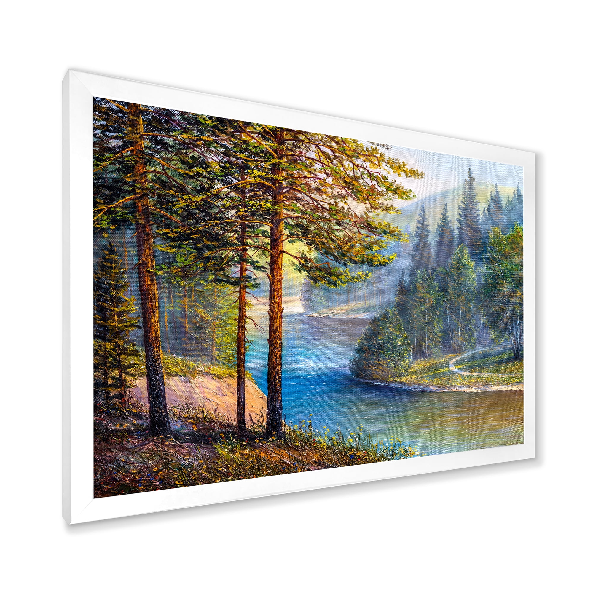 Designart 'Sunrise Glow Through The Pine & Fir Forest' Lake House Framed Art Print