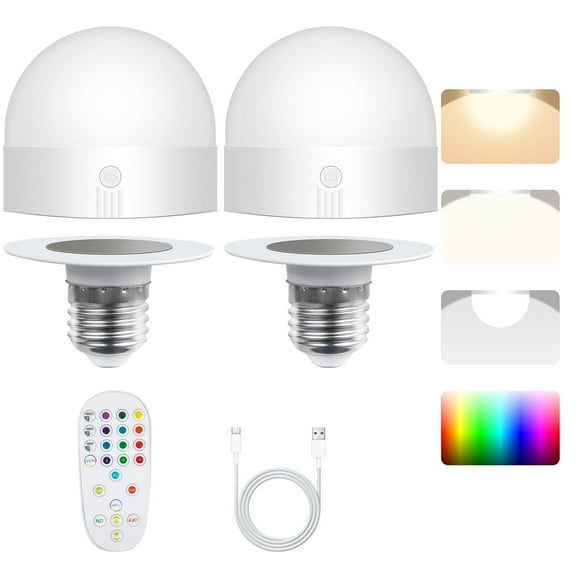 DAYBETTER Rechargeable Light Bulb with Remote,Backup Bulb for Sconces and Lamps,Magnetic Bulbs for Non-Hardwired Fixture,E26,3 Color Temperatures   RGB Colors, Dimmable, 2 Pack