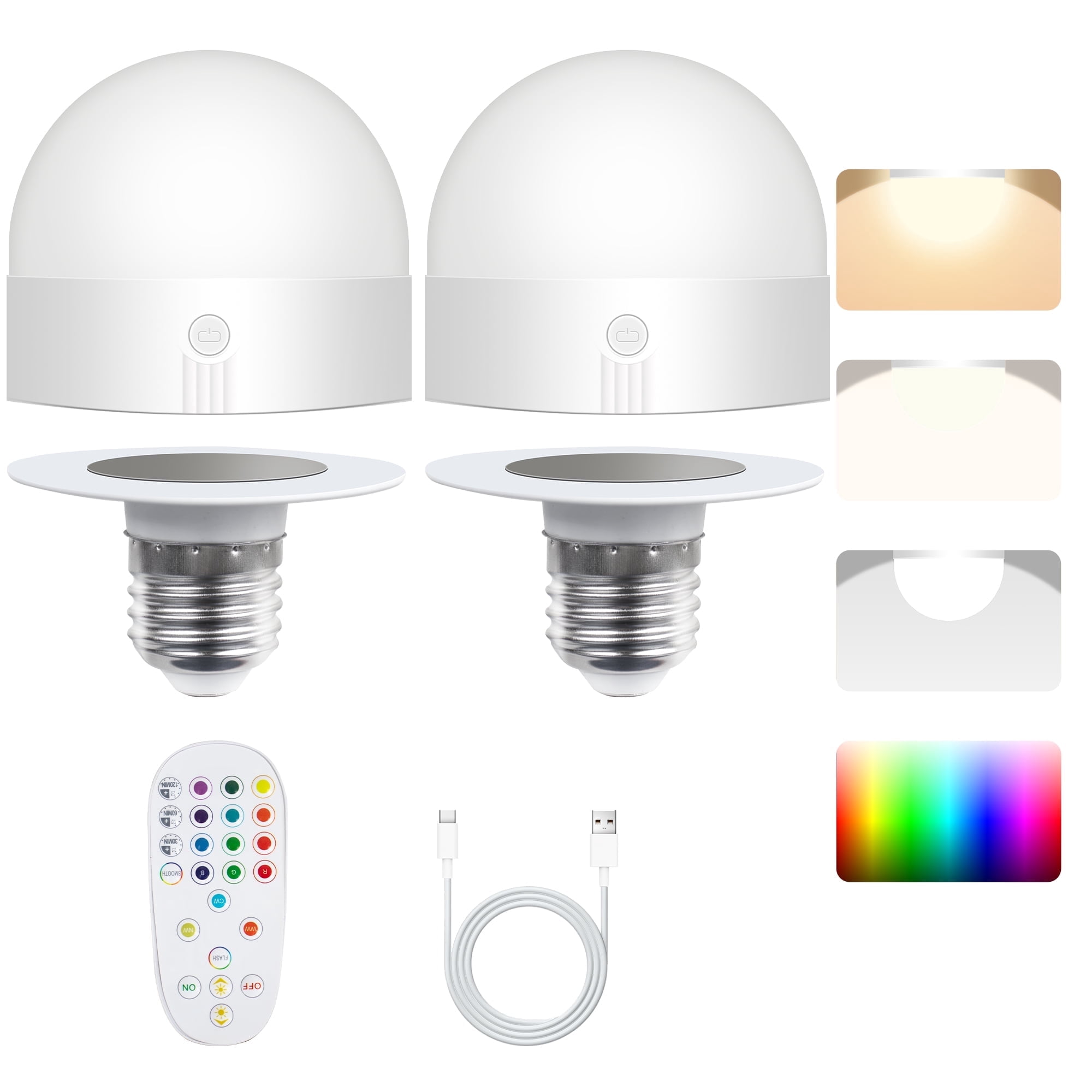 DAYBETTER Rechargeable Light Bulb with Remote,Backup Bulb for Sconces and Lamps,Magnetic Bulbs for Non-Hardwired Fixture,E26,3 Color Temperatures + RGB Colors, Dimmable, 2 Pack
