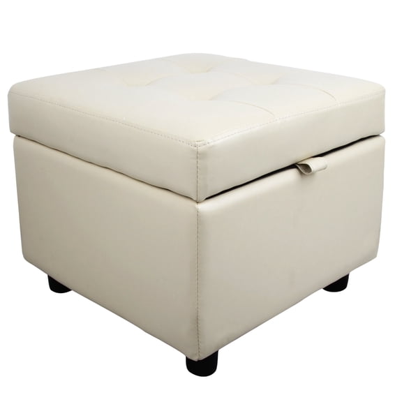 White Tufted Leather Square Flip Top Storage Ottoman Cube Foot Rest with Storage