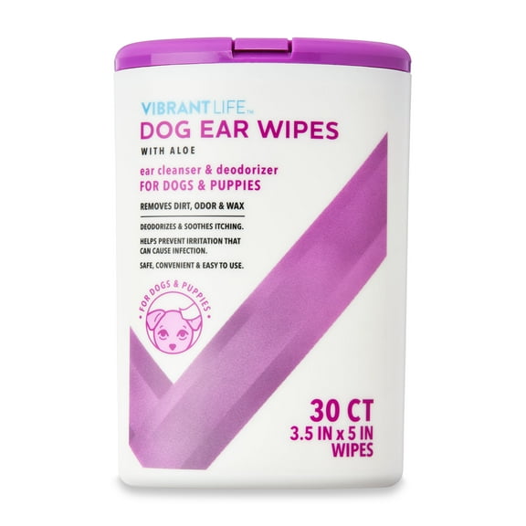 Vibrant Life Dog Ear Wipes with Aloe, 30 Count. Cleaning Dog Ear Wipes.
